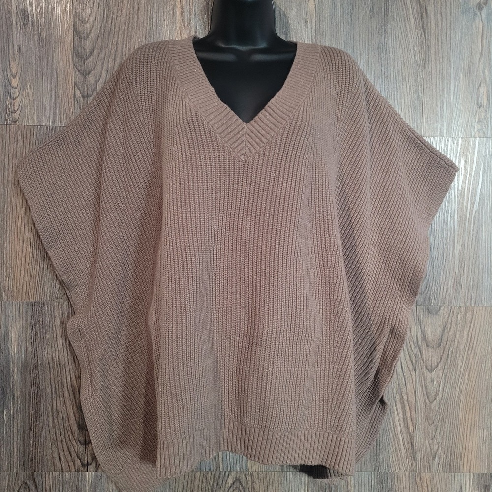 J Jill Rib Knit Poncho Sweater Size XL-3X Milky Brown V-Neck Neutral Warm Winter